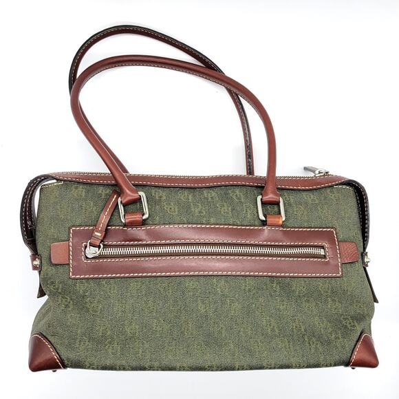 Dooney & Bourke Green Signature Logo Canvas Leather Double Pocket Tote Bag Purse - Picture 2 of 14